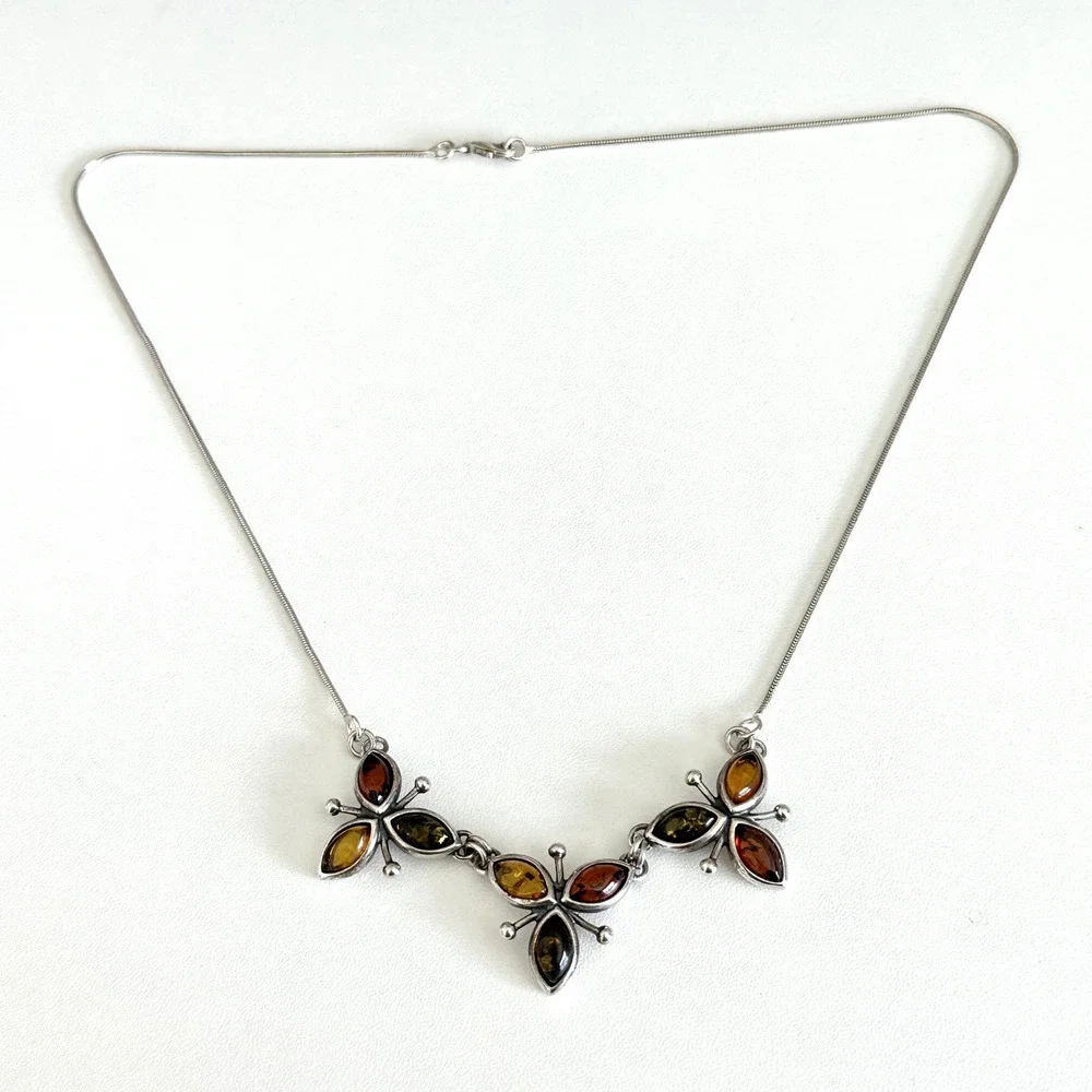 Vintage 925 Sterling Silver Natural Amber Cabochon Three Flowers Necklace 18